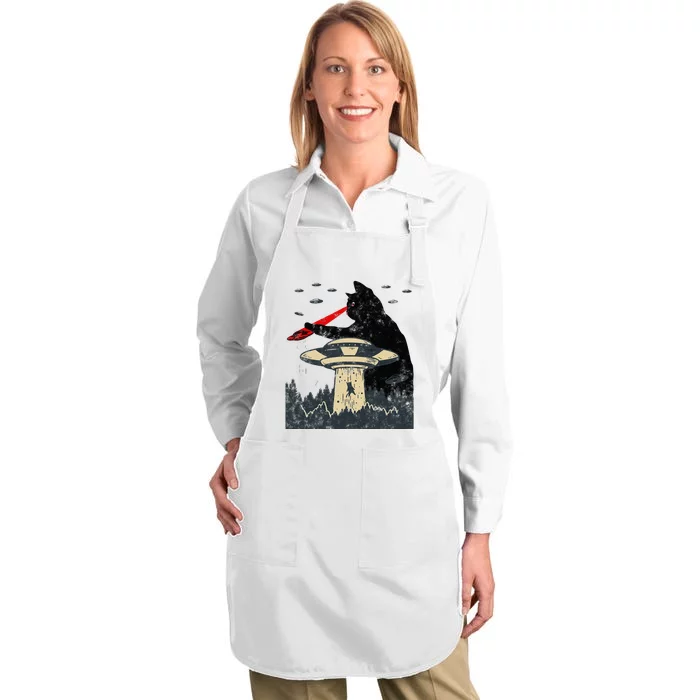 Alien UFO Abduction Laser Eye Funny Cat Full-Length Apron With Pocket