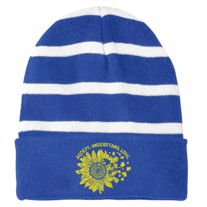 Accept Understand Autistic Support Autism Awareness Day Gift Striped Beanie with Solid Band