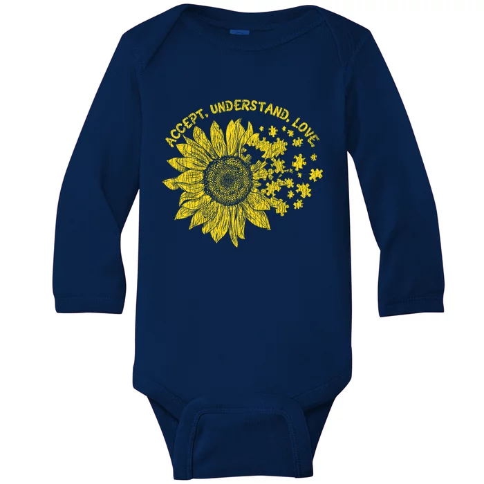 Accept Understand Autistic Support Autism Awareness Cute Gift Baby Long Sleeve Bodysuit