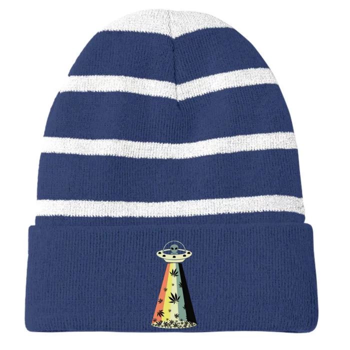 Alien UFO Abduction Weed Cannabis Marijuana Leaf Funny Striped Beanie with Solid Band