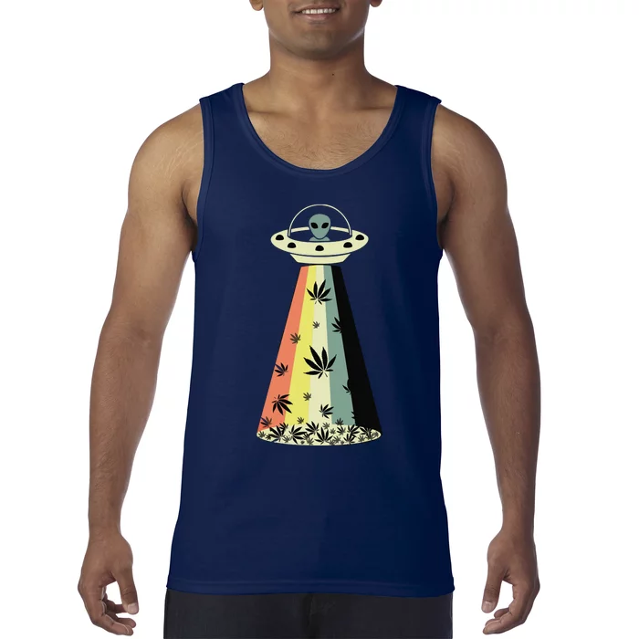 Alien UFO Abduction Weed Cannabis Marijuana Leaf Funny Tank Top