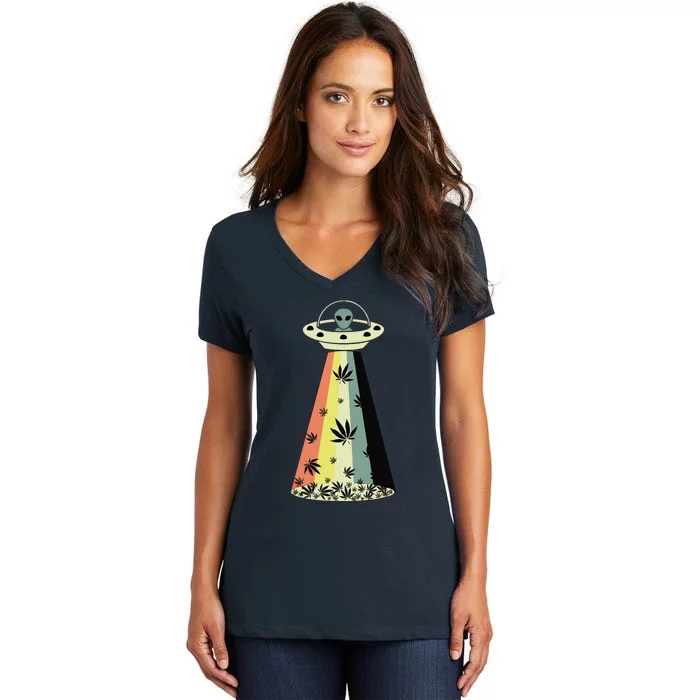 Alien UFO Abduction Weed Cannabis Marijuana Leaf Funny Women's V-Neck T-Shirt