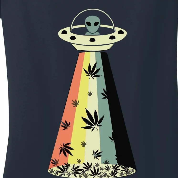 Alien UFO Abduction Weed Cannabis Marijuana Leaf Funny Women's V-Neck T-Shirt