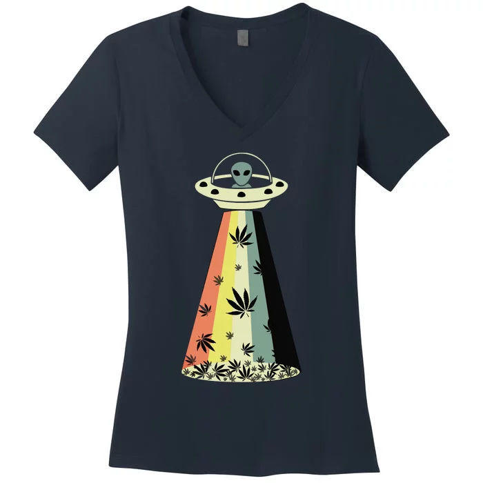 Alien UFO Abduction Weed Cannabis Marijuana Leaf Funny Women's V-Neck T-Shirt