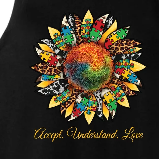 Accept Understand And Love Autism Awareness Sunflower Ladies Tri-Blend Wicking Tank