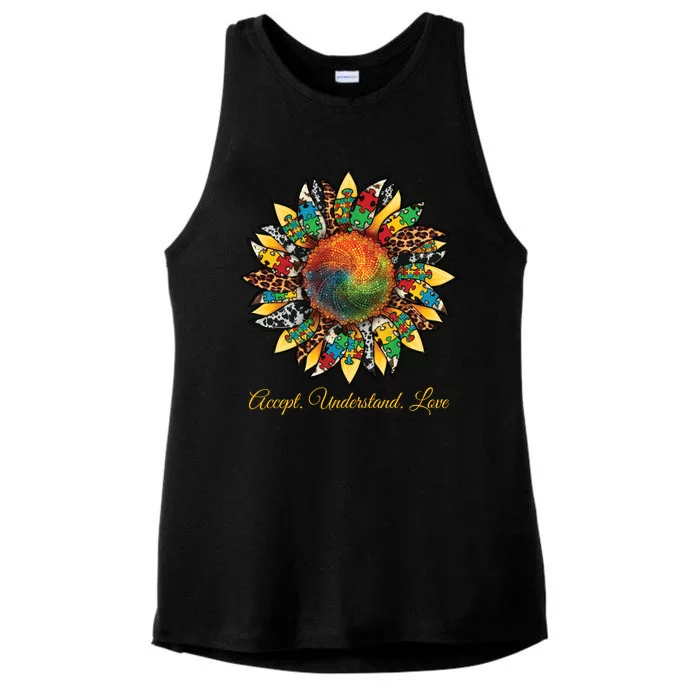 Accept Understand And Love Autism Awareness Sunflower Ladies Tri-Blend Wicking Tank