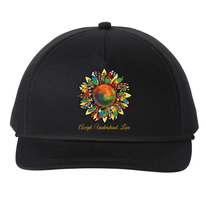 Accept Understand And Love Autism Awareness Sunflower Snapback Five-Panel Rope Hat