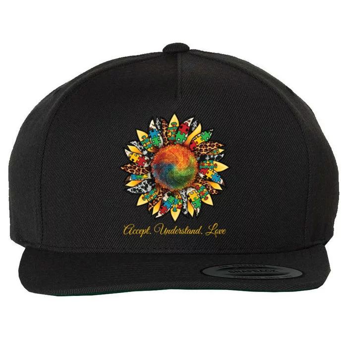 Accept Understand And Love Autism Awareness Sunflower Wool Snapback Cap