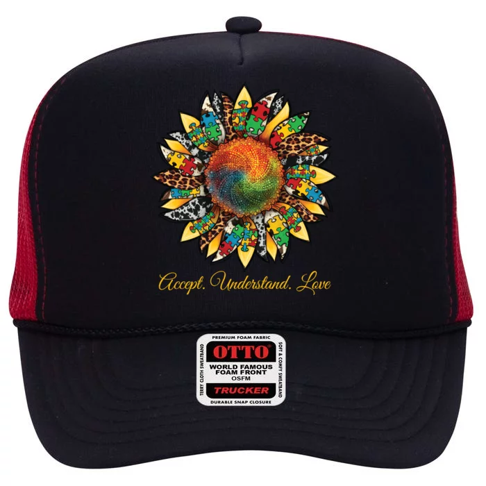 Accept Understand And Love Autism Awareness Sunflower High Crown Mesh Trucker Hat