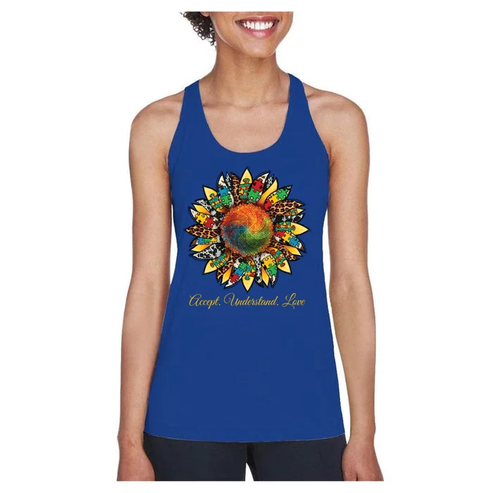 Accept Understand And Love Autism Awareness Sunflower Women's Racerback Tank