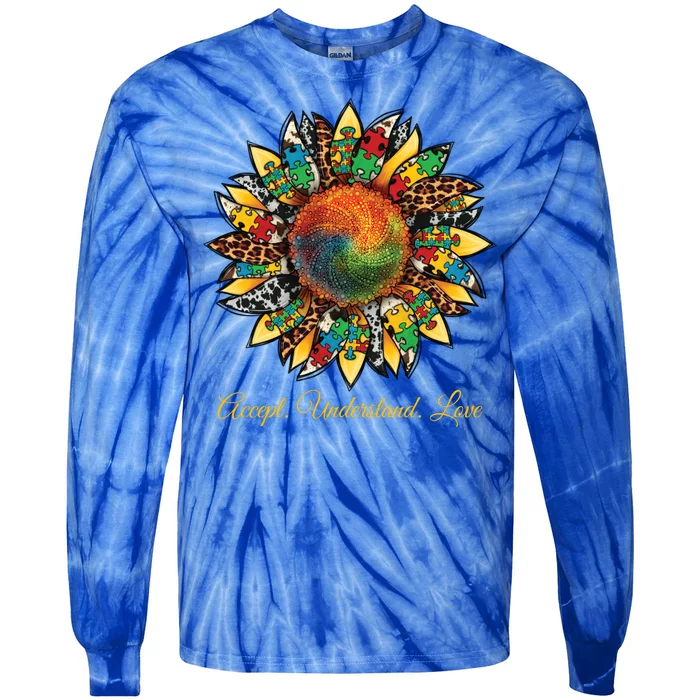 Accept Understand And Love Autism Awareness Sunflower Tie-Dye Long Sleeve Shirt