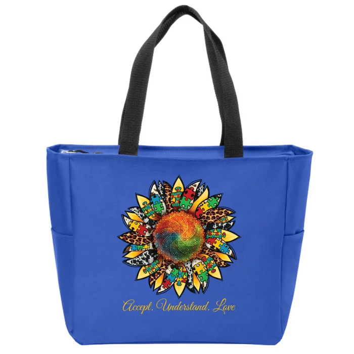 Accept Understand And Love Autism Awareness Sunflower Zip Tote Bag