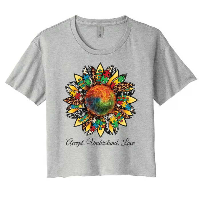 Accept Understand And Love Autism Awareness Sunflower Women's Crop Top Tee