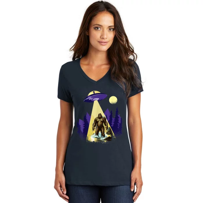 Alien UFO Bigfoot Sasquatch Hunter In National Park Women's V-Neck T-Shirt