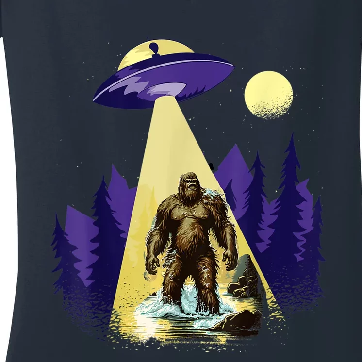 Alien UFO Bigfoot Sasquatch Hunter In National Park Women's V-Neck T-Shirt