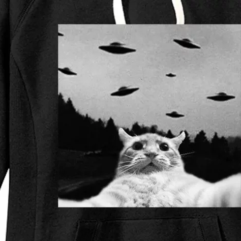 Alien UFO Funny Cat Selfie Women's Fleece Hoodie