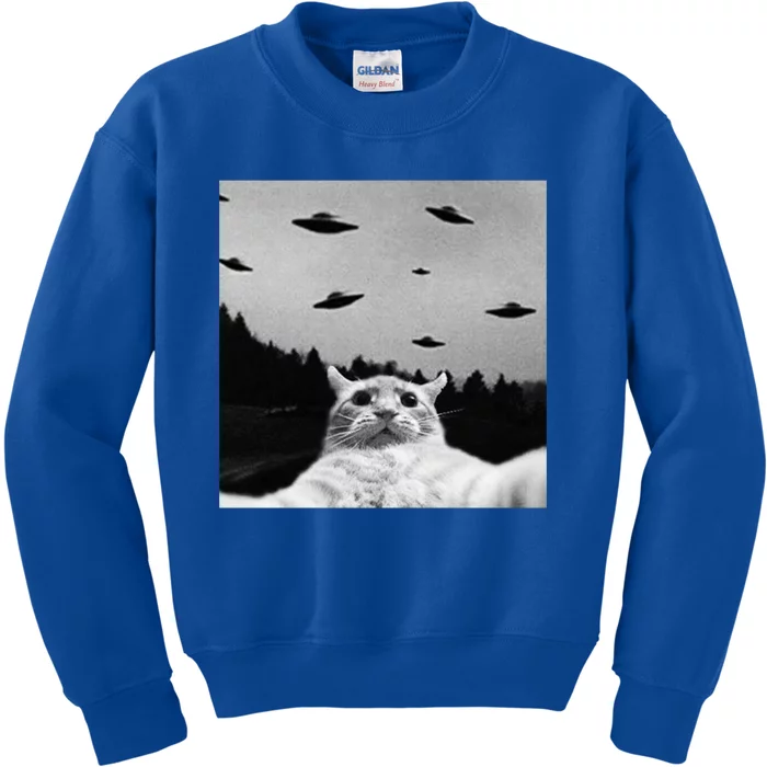 Alien UFO Funny Cat Selfie Kids Sweatshirt