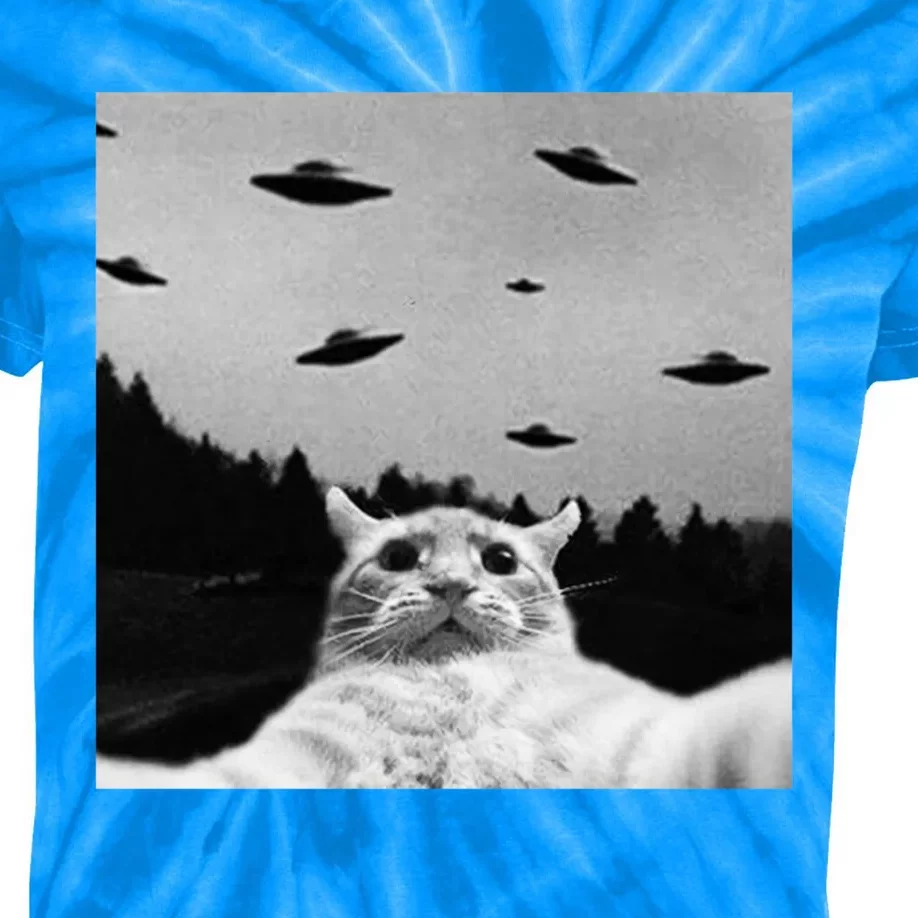 Alien UFO Funny Cat Selfie Kids Tie-Dye T-Shirt