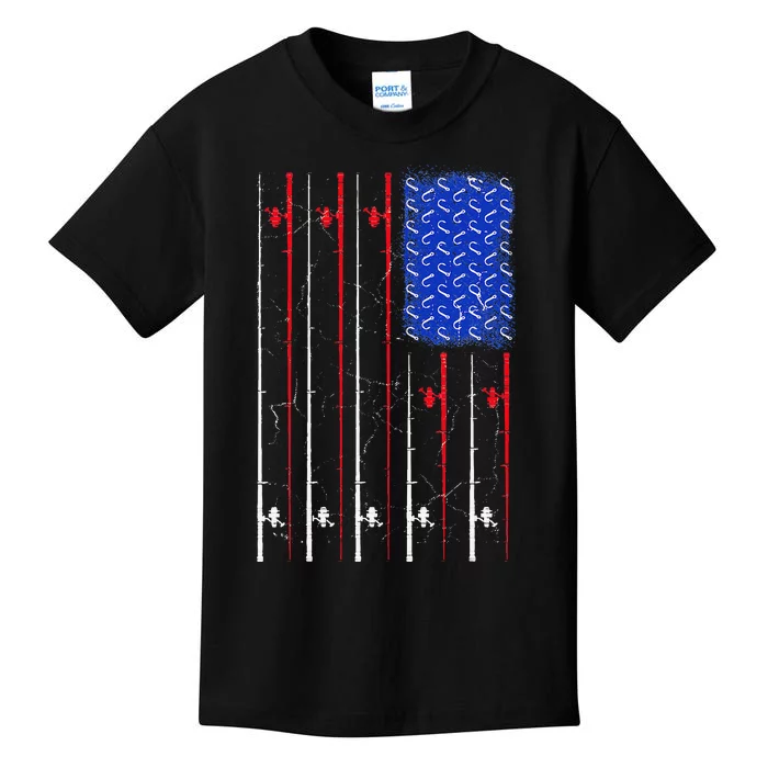 American US Flag Fishing Rod Fisherman Top For Him Kids T-Shirt