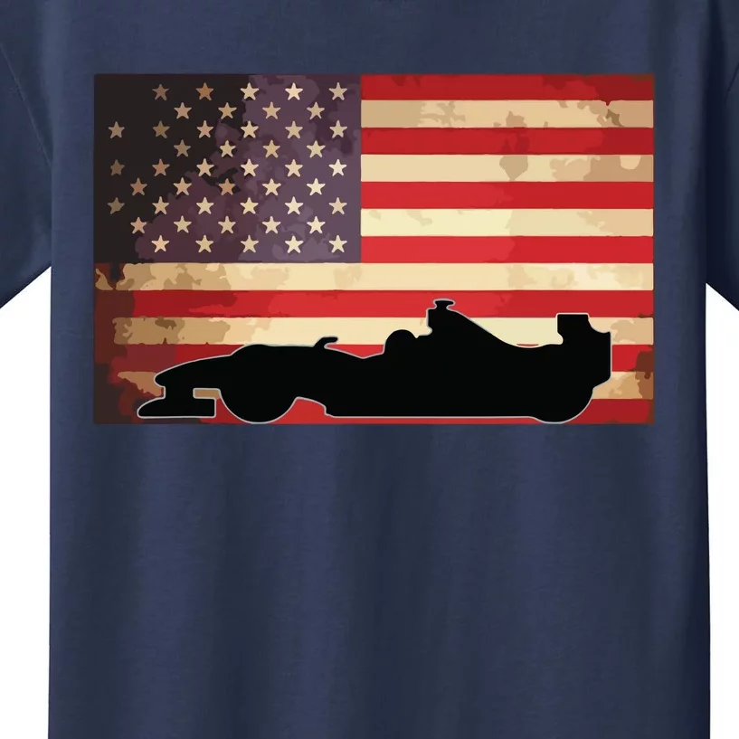 American USA Flag Indy Car Fan Lover Racecar Formula Gift Kids T-Shirt