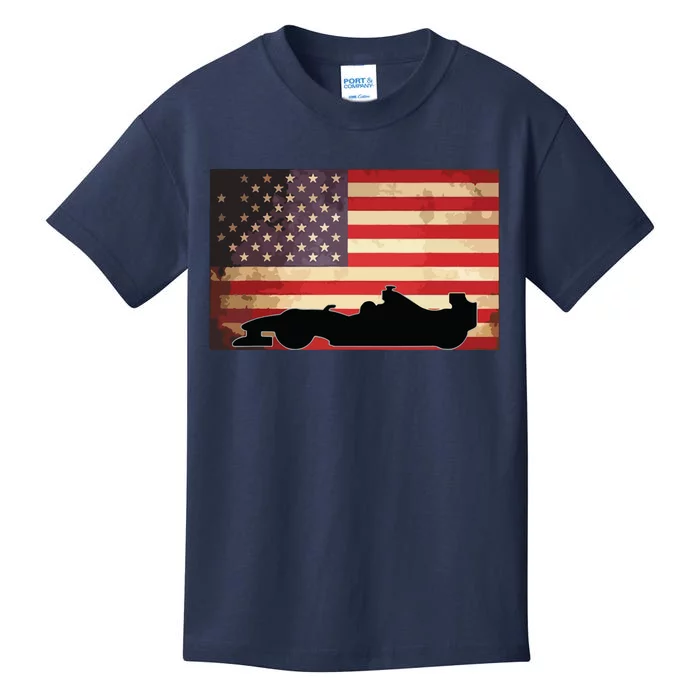 American USA Flag Indy Car Fan Lover Racecar Formula Gift Kids T-Shirt