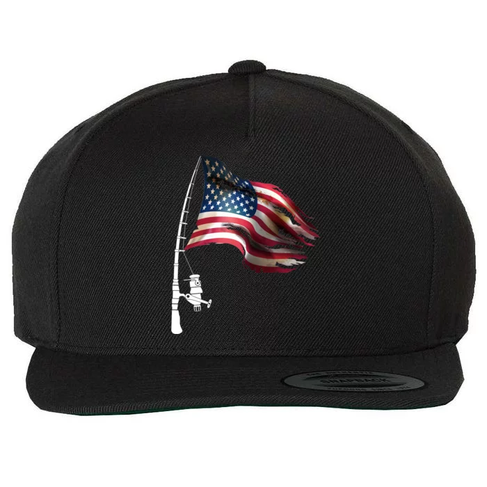 American USA Flag Fishing Pole Wool Snapback Cap