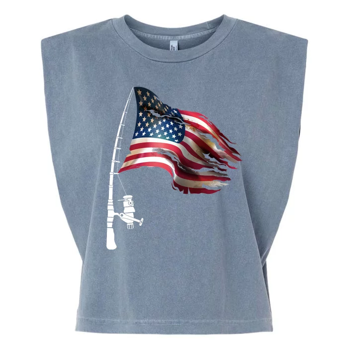 American USA Flag Fishing Pole Garment-Dyed Women's Muscle Tee