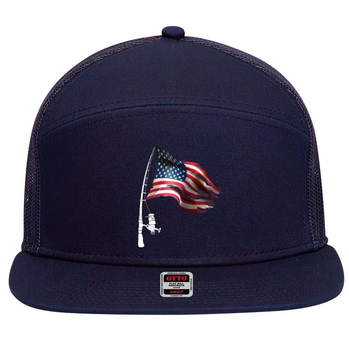 American USA Flag Fishing Pole 7 Panel Mesh Trucker Snapback Hat