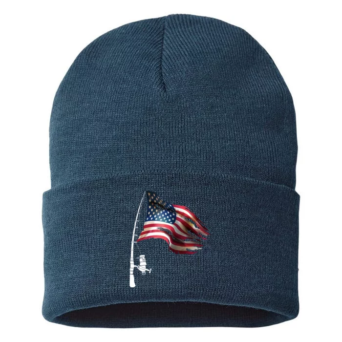 American USA Flag Fishing Pole Sustainable Knit Beanie