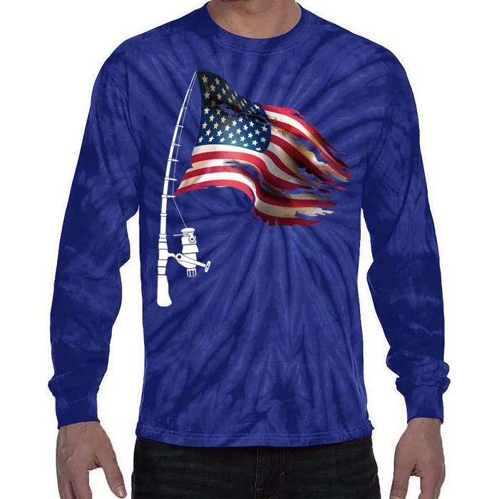 American USA Flag Fishing Pole Tie-Dye Long Sleeve Shirt