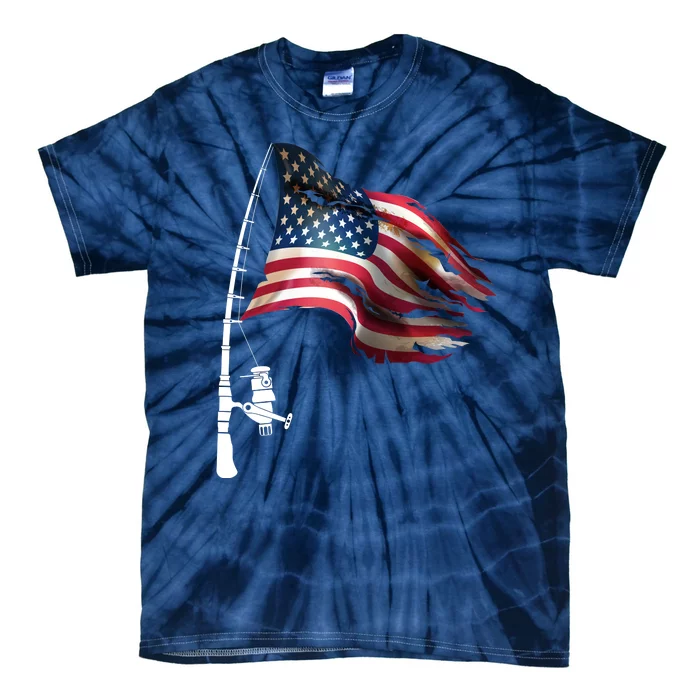 American USA Flag Fishing Pole Tie-Dye T-Shirt