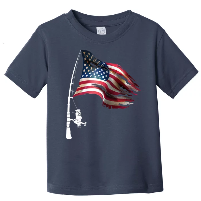 American USA Flag Fishing Pole Toddler T-Shirt