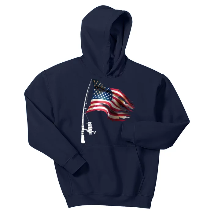 American USA Flag Fishing Pole Kids Hoodie