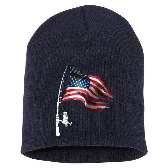 American USA Flag Fishing Pole Short Acrylic Beanie