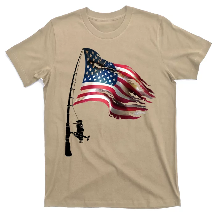 American USA Flag Fishing Pole T-Shirt