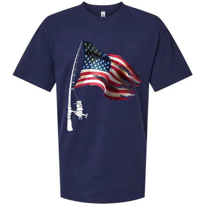 American USA Flag Fishing Pole Sueded Cloud Jersey T-Shirt