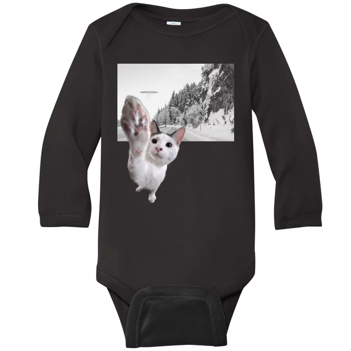 Alien UFO Funny Cat Reaching, Space Cat Funny Cat Alien Baby Long Sleeve Bodysuit