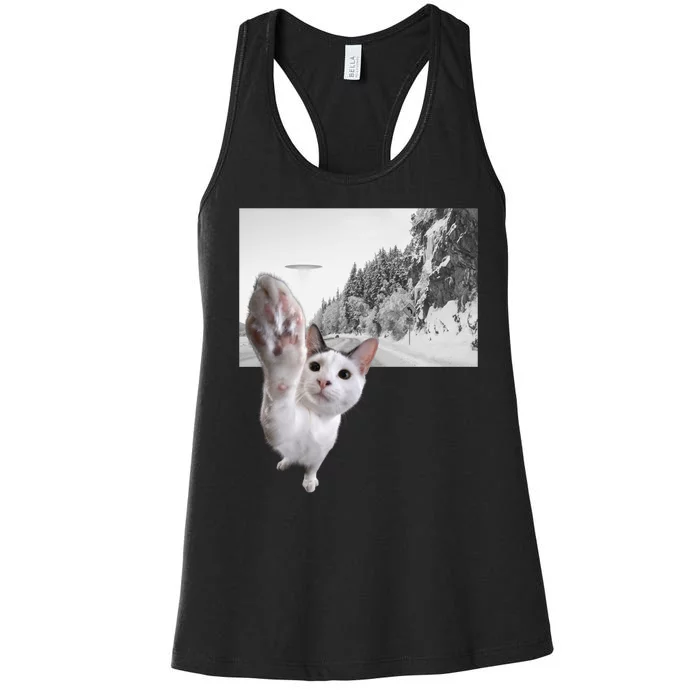 Alien UFO Funny Cat Reaching, Space Cat Funny Cat Alien Women's Racerback Tank