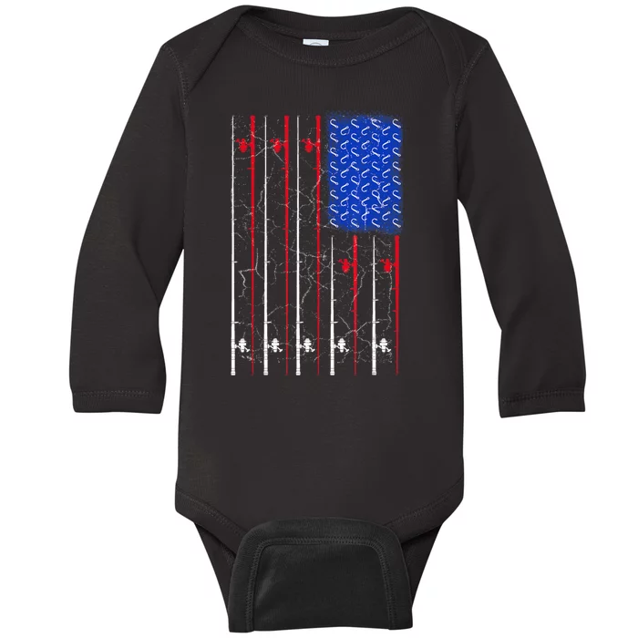 American Us Flag Fishing Rod Fisherman Top For Him Baby Long Sleeve Bodysuit