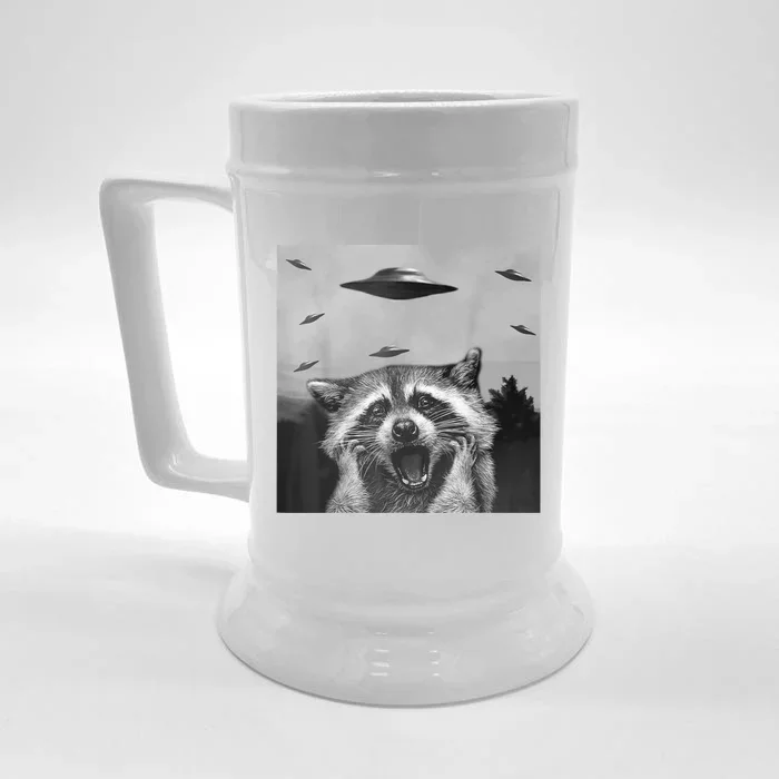 Alien UFO Funny Raccoon Stuffed Animal Front & Back Beer Stein