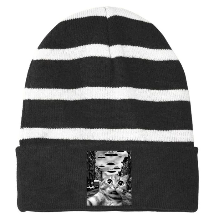 Alien UFO Funny Cat Selfie Striped Beanie with Solid Band