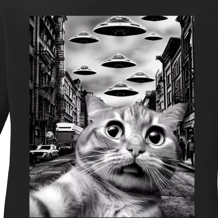 Alien UFO Funny Cat Selfie Ladies Long Sleeve Shirt