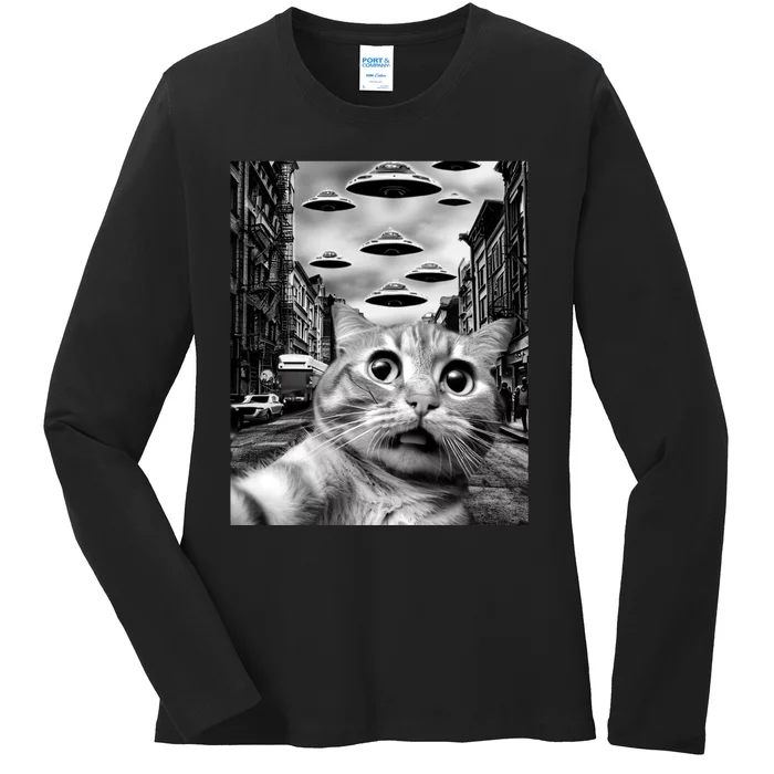 Alien UFO Funny Cat Selfie Ladies Long Sleeve Shirt