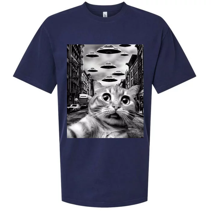 Alien UFO Funny Cat Selfie Sueded Cloud Jersey T-Shirt