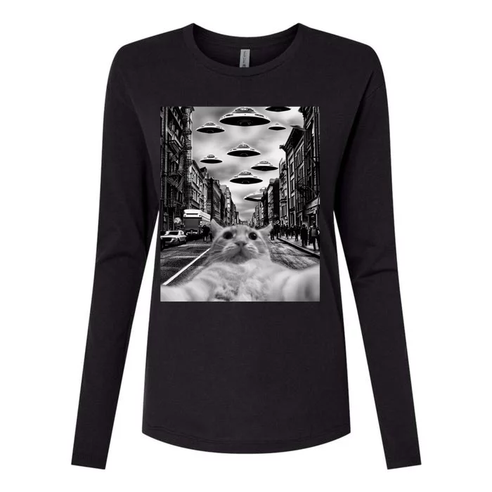 Alien UFO Funny Cat Selfie Womens Cotton Relaxed Long Sleeve T-Shirt