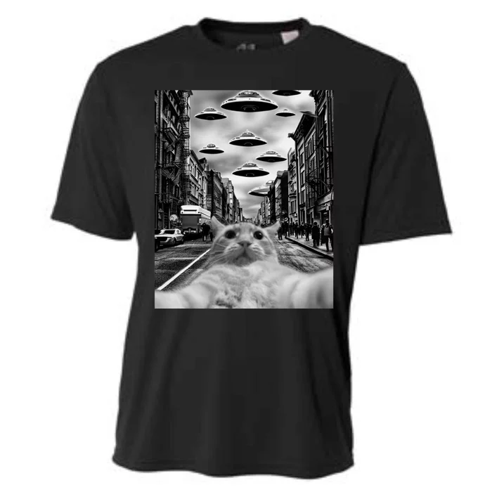 Alien UFO Funny Cat Selfie Cooling Performance Crew T-Shirt