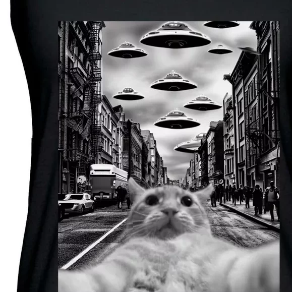 Alien UFO Funny Cat Selfie Ladies Essential Flowy Tank