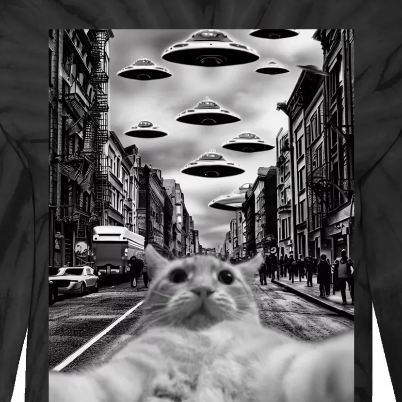 Alien UFO Funny Cat Selfie Tie-Dye Long Sleeve Shirt