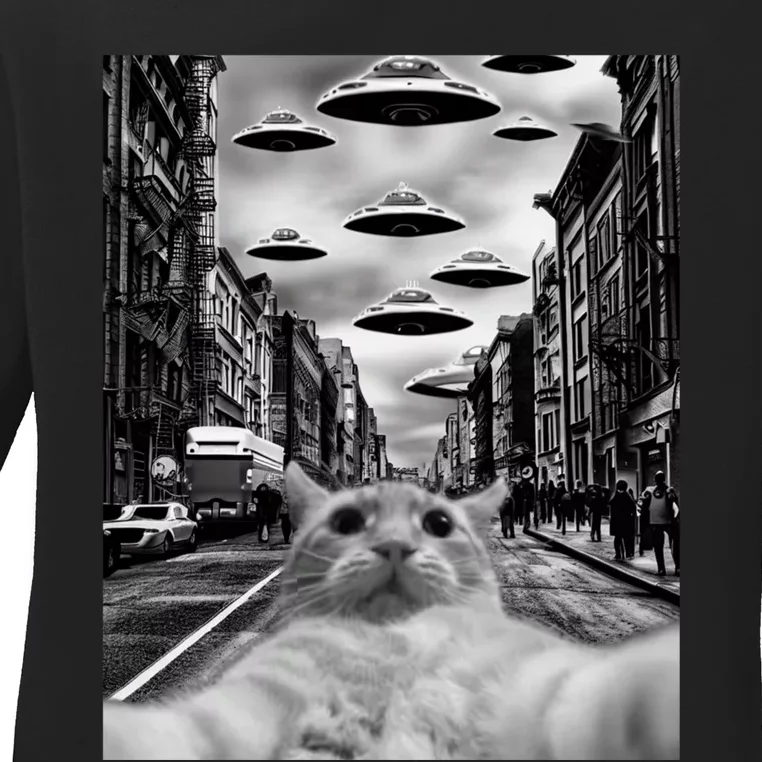 Alien UFO Funny Cat Selfie Ladies Long Sleeve Shirt