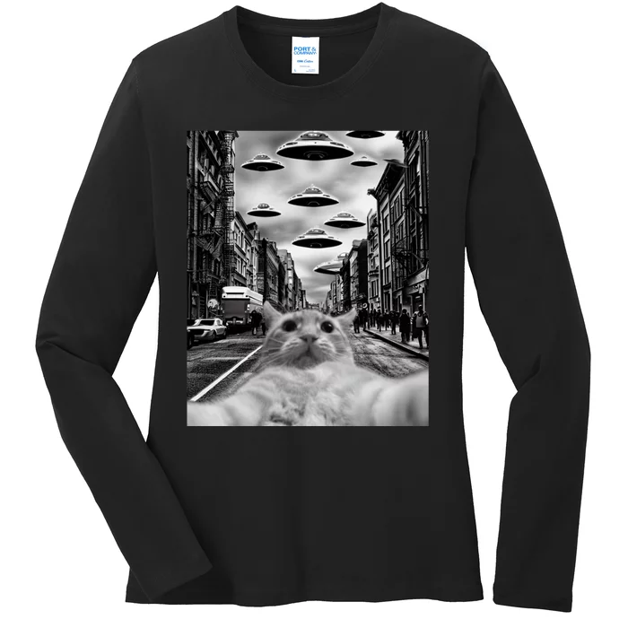 Alien UFO Funny Cat Selfie Ladies Long Sleeve Shirt